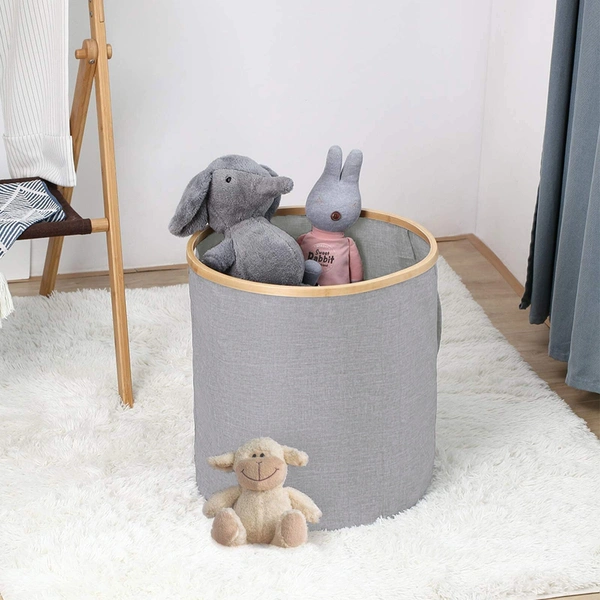 Luxe Home Large Round Fabric Storage Basket with Bamboo Handles - 45L x 45W x 50H cm - Durable Toy Organizer and Laundry Hamper - Collapsible Grey Storage Bin for Kids' Room, Nursery, and Home