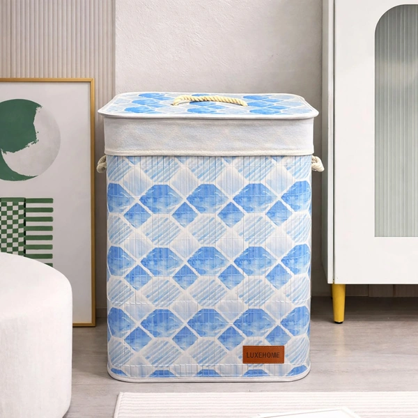 Luxe Home Laundry Basket for Clothes, Premium Geometric Printed Bamboo Big Storage Bag with Lid and Side Handle Multipurpose Used In Laundry Rooms, Bedrooms, Bathrooms (40x30x50 cm, Blue)