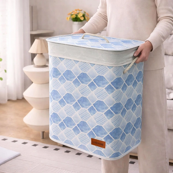 Luxe Home International Luxe Home Laundry Basket for Clothes, Premium Geometric Printed Bamboo Big Storage Bag with Lid and Side Handle Multipurpose Used In Laundry Rooms, Bedrooms, Bathrooms (40x30x50 cm, Blue) - 40x30x50 cm, Geometric Blue