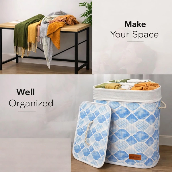 Luxe Home International Luxe Home Laundry Basket for Clothes, Premium Geometric Printed Bamboo Big Storage Bag with Lid and Side Handle Multipurpose Used In Laundry Rooms, Bedrooms, Bathrooms (40x30x50 cm, Blue) - 40x30x50 cm, Geometric Blue