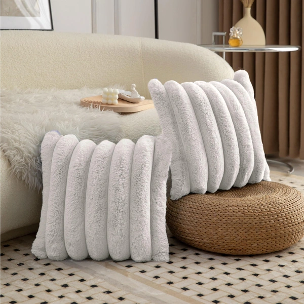 Luxe Home Luxurious Plush Cushion Covers Pack of 2, 16x16 Inch, Soft Stripe Rabbit Fur Decorative Cushion Covers for Sofa, Chair, Bed, and Bedroom - Ideal for Kids, Cozy - Beige
