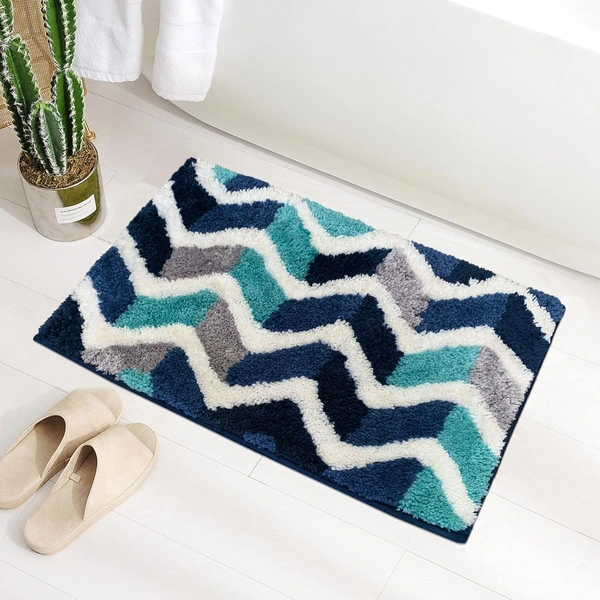 Luxe Home International Macau Zigzag Bath Mat (40x60 cm) Super Soft Microfiber, Anti Slip Backing, Washable Bathroom Mat Perfect for Bedroom - Blue - 40x60 cm, Blue