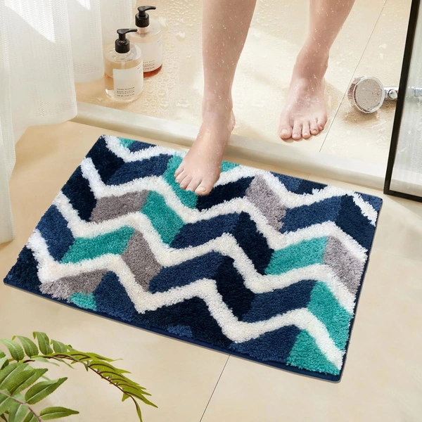 Luxe Home International Macau Zigzag Bath Mat (40x60 cm) Super Soft Microfiber, Anti Slip Backing, Washable Bathroom Mat Perfect for Bedroom - Blue - 40x60 cm, Blue