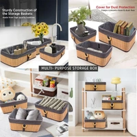 Luxe Home International Luxe Home Stripe Storage Box Bamboo (33x23x14 cm) Eco-Friendly, Foldable Basket for Home (Beige, Pack of 1) - 33x23x14 cm, Beige