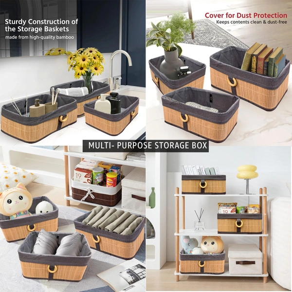 Luxe Home International Luxe Home Stripe Storage Box Bamboo (33x23x14 cm) Eco-Friendly, Foldable Basket for Home (Beige, Pack of 1) - 33x23x14 cm, Beige