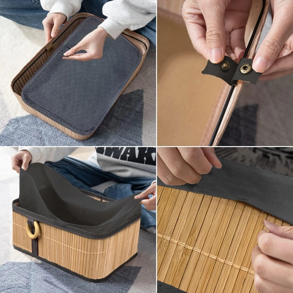 Luxe Home International Luxe Home Stripe Storage Box Bamboo (33x23x14 cm) Eco-Friendly, Foldable Basket for Home (Beige, Pack of 1) - 33x23x14 cm, Beige