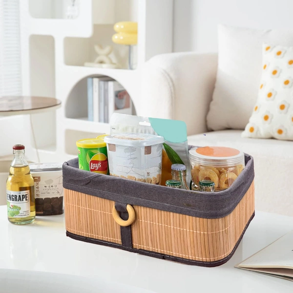 Luxe Home International Luxe Home Stripe Storage Box Bamboo (33x23x14 cm) Eco-Friendly, Foldable Basket for Home (Beige, Pack of 1) - 33x23x14 cm, Beige