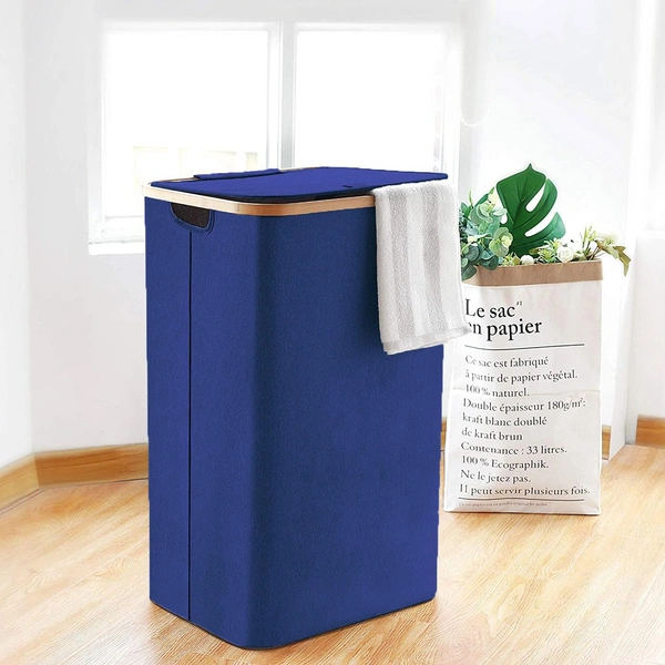 Luxe Home Tall Laundry Hamper with Bamboo Frame - 40L x 30W x 60H cm - Collapsible Fabric Laundry Basket - Stylish Blue Clothes Storage Organizer for Home and Dorms