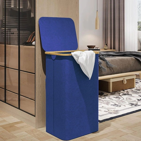 Luxe Home International Luxe Home Tall Laundry Hamper with Bamboo Frame - 40L x 30W x 60H cm - Collapsible Fabric Laundry Basket - Stylish Blue Clothes Storage Organizer for Home and Dorms - Big Laundry Basket 40x60 Cm, Navy