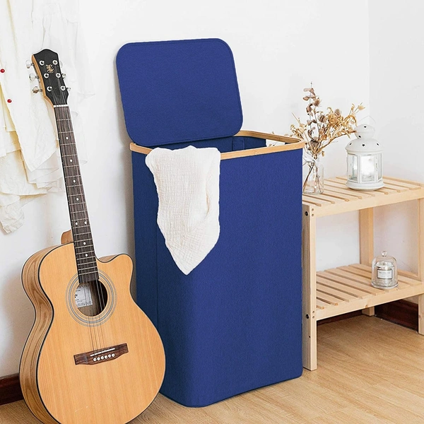 Luxe Home International Luxe Home Tall Laundry Hamper with Bamboo Frame - 40L x 30W x 60H cm - Collapsible Fabric Laundry Basket - Stylish Blue Clothes Storage Organizer for Home and Dorms - Big Laundry Basket 40x60 Cm, Navy