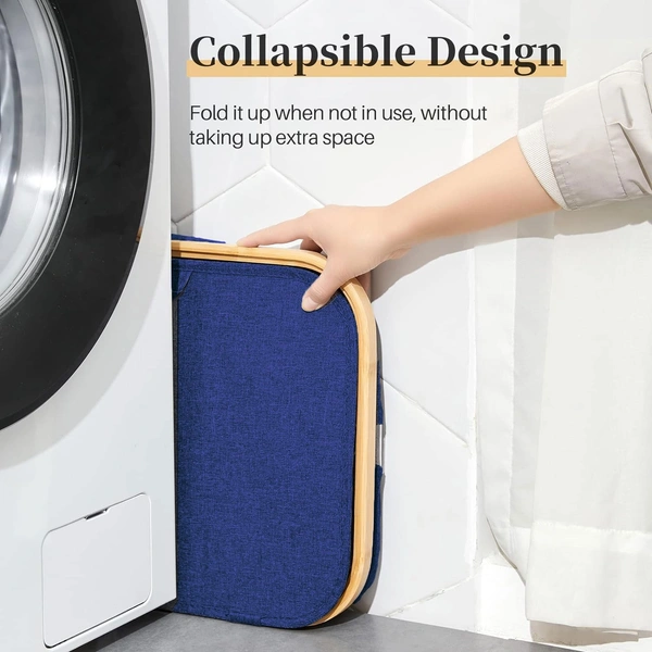 Luxe Home International Luxe Home Tall Laundry Hamper with Bamboo Frame - 40L x 30W x 60H cm - Collapsible Fabric Laundry Basket - Stylish Blue Clothes Storage Organizer for Home and Dorms - Big Laundry Basket 40x60 Cm, Navy