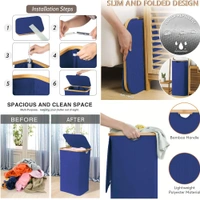 Luxe Home International Luxe Home Tall Laundry Hamper with Bamboo Frame - 40L x 30W x 60H cm - Collapsible Fabric Laundry Basket - Stylish Blue Clothes Storage Organizer for Home and Dorms - Big Laundry Basket 40x60 Cm, Navy