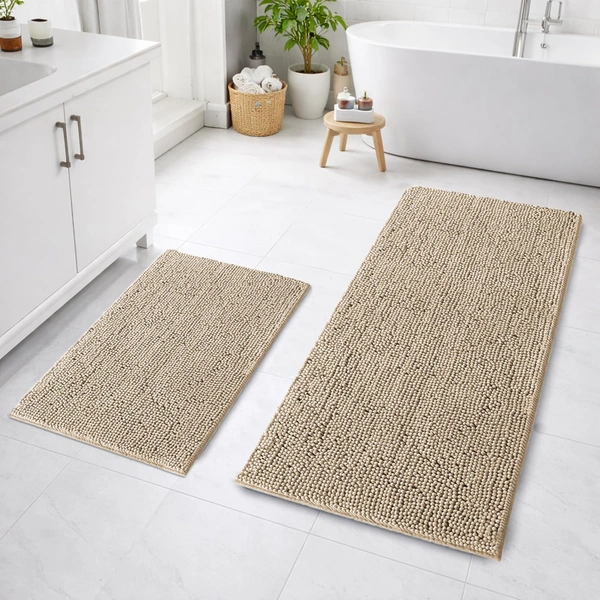 LUXEHOME International Bath Mats for Bathroom Anti Slip Microfiber Chenille Super Absorbent Quick Dry Water Soak Floor Mat for Home Kitchen Door (45x75cm 60x120cm Beige) Pack of 2