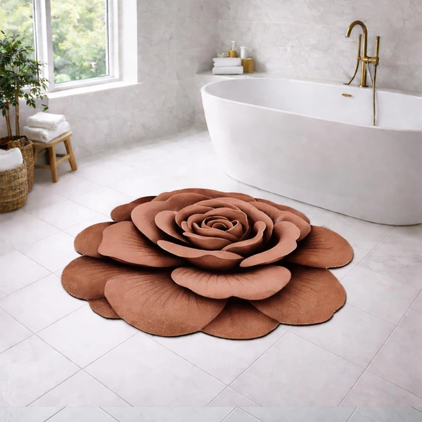 Luxe Home International Mat 3D Rose Flower Shaped Floral Design, Soft, Anti Slip Skid, Floor Mat for Bathroom, Bedroom, Living Room, Balcony (Brown, 67x71 cm) - 67x71 cm, Brown Rose