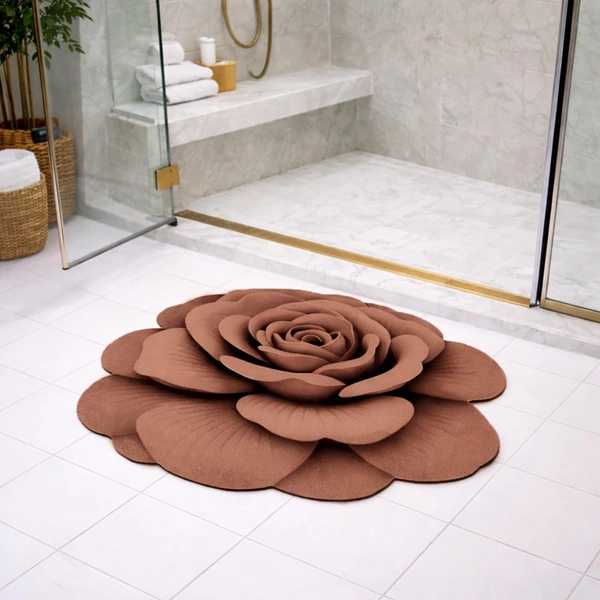 Luxe Home International Mat 3D Rose Flower Shaped Floral Design, Soft, Anti Slip Skid, Floor Mat for Bathroom, Bedroom, Living Room, Balcony (Brown, 67x71 cm) - 67x71 cm, Brown Rose