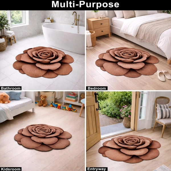 Luxe Home International Mat 3D Rose Flower Shaped Floral Design, Soft, Anti Slip Skid, Floor Mat for Bathroom, Bedroom, Living Room, Balcony (Brown, 67x71 cm) - 67x71 cm, Brown Rose