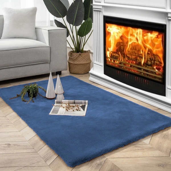Luxe Home International Ruffle Floor Rug Rabbit Fur 1000 Gsm Living Room Foot Mats Anti Skid Water Absorbent Easy Machine Washable Rectangular Rug For Bedroom|Floor|3 X 5 Ft|Blue|Pack Of 1 - 3x5 Ft, Blue