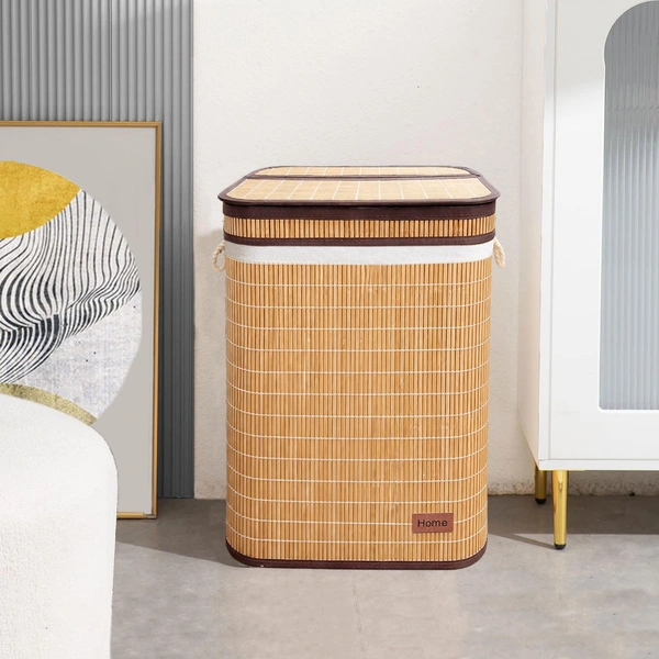 Luxe Home International Rectangle Bamboo Laundry Basket for Clothes with Chain Lid | Eco-Friendly, Foldable & Lightweight Organizer (Natural, 40x30x60 cm, Pack of 1) - 40x30x60cm, Chain Natural