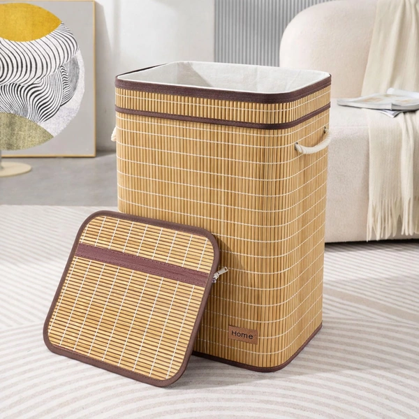 Luxe Home International Rectangle Bamboo Laundry Basket for Clothes with Chain Lid | Eco-Friendly, Foldable & Lightweight Organizer (Natural, 40x30x60 cm, Pack of 1) - 40x30x60cm, Chain Natural