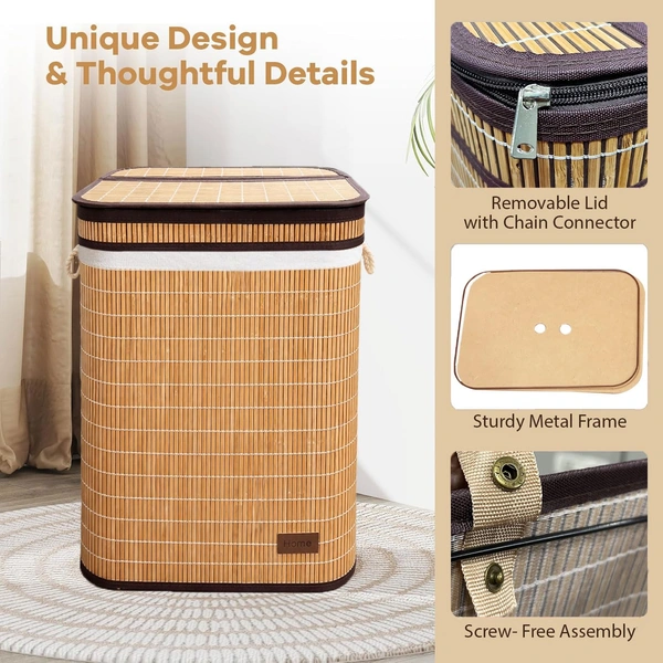 Luxe Home International Rectangle Bamboo Laundry Basket for Clothes with Chain Lid | Eco-Friendly, Foldable & Lightweight Organizer (Natural, 40x30x60 cm, Pack of 1) - 40x30x60cm, Chain Natural