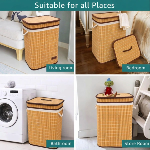 Luxe Home International Rectangle Bamboo Laundry Basket for Clothes with Chain Lid | Eco-Friendly, Foldable & Lightweight Organizer (Natural, 40x30x60 cm, Pack of 1) - 40x30x60cm, Chain Natural