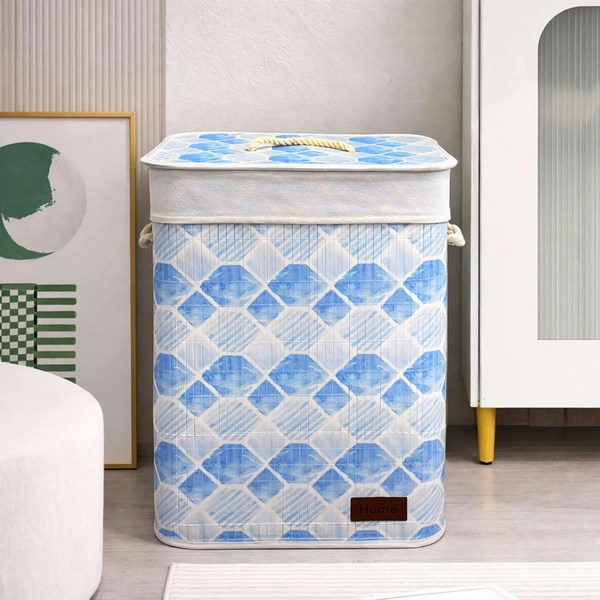 Luxe Home International Rectangle Bamboo Laundry Basket for Clothes with Lid Geometric Printed Hamper | Eco-Friendly, Foldable & Lightweight Organizer (Blue, 40x30x50 cm, Pack of 1) - 40x30x50cm, Geometric Blue
