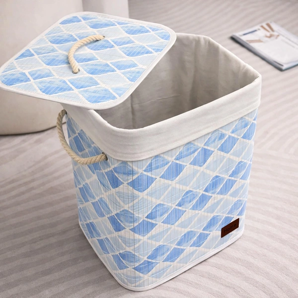 Luxe Home International Rectangle Bamboo Laundry Basket for Clothes with Lid Geometric Printed Hamper | Eco-Friendly, Foldable & Lightweight Organizer (Blue, 40x30x50 cm, Pack of 1) - 40x30x50cm, Geometric Blue