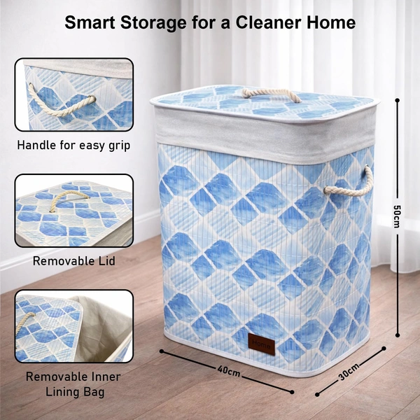 Luxe Home International Rectangle Bamboo Laundry Basket for Clothes with Lid Geometric Printed Hamper | Eco-Friendly, Foldable & Lightweight Organizer (Blue, 40x30x50 cm, Pack of 1) - 40x30x50cm, Geometric Blue