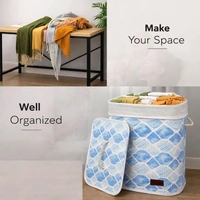 Luxe Home International Rectangle Bamboo Laundry Basket for Clothes with Lid Geometric Printed Hamper | Eco-Friendly, Foldable & Lightweight Organizer (Blue, 40x30x50 cm, Pack of 1) - 40x30x50cm, Geometric Blue