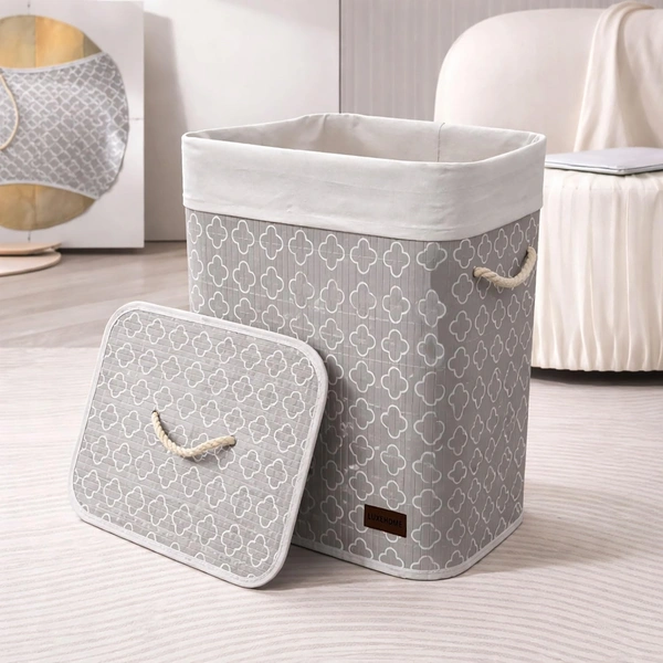 Luxe Home International Rectangle Bamboo Laundry Basket for Clothes with Lid Quatrefoil Printed Hamper | Eco-Friendly, Foldable & Lightweight Organizer (Cream, 40x30x50 cm, Pack of 1) - 40x30x50cm, Quatrefoil Cream