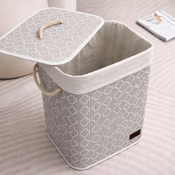 Luxe Home International Rectangle Bamboo Laundry Basket for Clothes with Lid Quatrefoil Printed Hamper | Eco-Friendly, Foldable & Lightweight Organizer (Cream, 40x30x50 cm, Pack of 1) - 40x30x50cm, Quatrefoil Cream