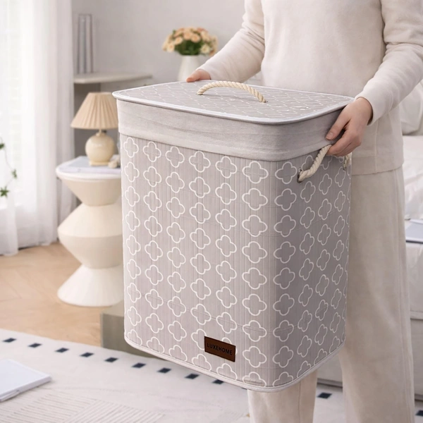 Luxe Home International Rectangle Bamboo Laundry Basket for Clothes with Lid Quatrefoil Printed Hamper | Eco-Friendly, Foldable & Lightweight Organizer (Cream, 40x30x50 cm, Pack of 1) - 40x30x50cm, Quatrefoil Cream