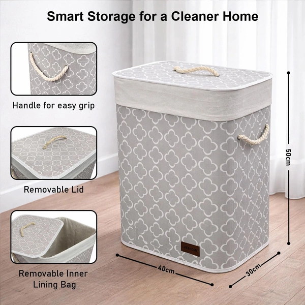 Luxe Home International Rectangle Bamboo Laundry Basket for Clothes with Lid Quatrefoil Printed Hamper | Eco-Friendly, Foldable & Lightweight Organizer (Cream, 40x30x50 cm, Pack of 1) - 40x30x50cm, Quatrefoil Cream