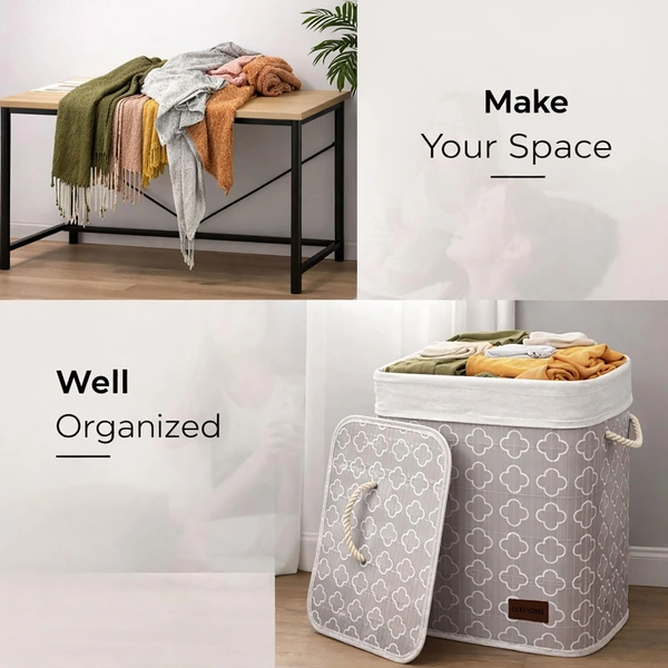 Luxe Home International Rectangle Bamboo Laundry Basket for Clothes with Lid Quatrefoil Printed Hamper | Eco-Friendly, Foldable & Lightweight Organizer (Cream, 40x30x50 cm, Pack of 1) - 40x30x50cm, Quatrefoil Cream