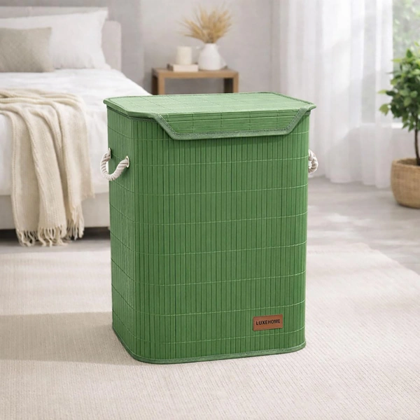 Luxe Home International Rectangle Bamboo Laundry Basket for Clothes with Lid Strap Lock | Eco-Friendly, Foldable & Lightweight Organizer (Green, 40x30x50 cm, Pack of 1) - 40x30x50cm, Strap Green