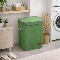Luxe Home International Rectangle Bamboo Laundry Basket for Clothes with Lid Strap Lock | Eco-Friendly, Foldable & Lightweight Organizer (Green, 40x30x50 cm, Pack of 1) - 40x30x50cm, Strap Green