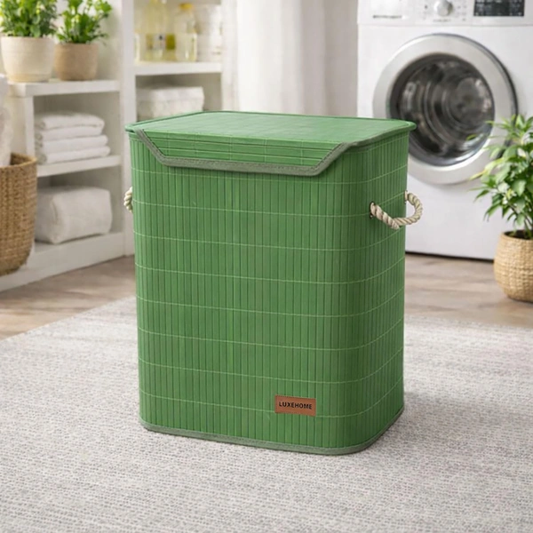 Luxe Home International Rectangle Bamboo Laundry Basket for Clothes with Lid Strap Lock | Eco-Friendly, Foldable & Lightweight Organizer (Green, 40x30x50 cm, Pack of 1) - 40x30x50cm, Strap Green
