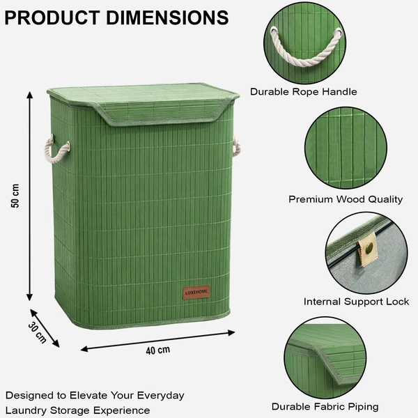 Luxe Home International Rectangle Bamboo Laundry Basket for Clothes with Lid Strap Lock | Eco-Friendly, Foldable & Lightweight Organizer (Green, 40x30x50 cm, Pack of 1) - 40x30x50cm, Strap Green