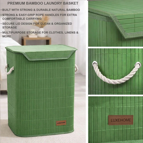 Luxe Home International Rectangle Bamboo Laundry Basket for Clothes with Lid Strap Lock | Eco-Friendly, Foldable & Lightweight Organizer (Green, 40x30x50 cm, Pack of 1) - 40x30x50cm, Strap Green