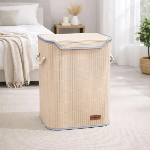 Luxe Home International Rectangle Bamboo Laundry Basket for Clothes with Lid Strap Lock | Eco-Friendly, Foldable & Lightweight Organizer (Cream, 40x30x50 cm, Pack of 1) - 40x30x50cm, Strap Cream