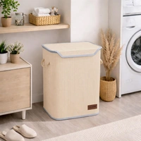 Luxe Home International Rectangle Bamboo Laundry Basket for Clothes with Lid Strap Lock | Eco-Friendly, Foldable & Lightweight Organizer (Cream, 40x30x50 cm, Pack of 1) - 40x30x50cm, Strap Cream