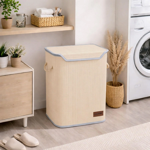 Luxe Home International Rectangle Bamboo Laundry Basket for Clothes with Lid Strap Lock | Eco-Friendly, Foldable & Lightweight Organizer (Cream, 40x30x50 cm, Pack of 1) - 40x30x50cm, Strap Cream