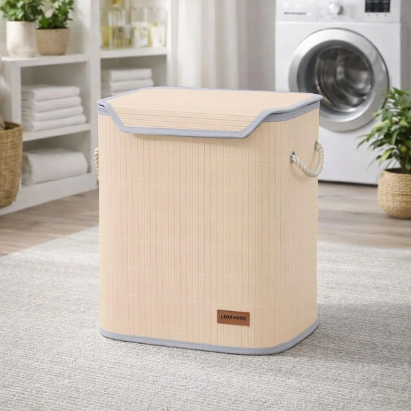 Luxe Home International Rectangle Bamboo Laundry Basket for Clothes with Lid Strap Lock | Eco-Friendly, Foldable & Lightweight Organizer (Cream, 40x30x50 cm, Pack of 1) - 40x30x50cm, Strap Cream