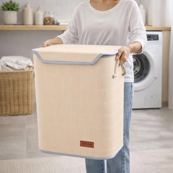 Luxe Home International Rectangle Bamboo Laundry Basket for Clothes with Lid Strap Lock | Eco-Friendly, Foldable & Lightweight Organizer (Cream, 40x30x50 cm, Pack of 1) - 40x30x50cm, Strap Cream
