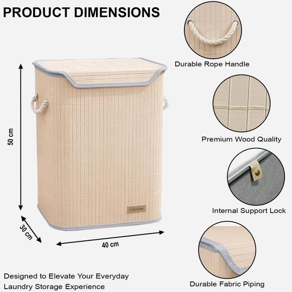 Luxe Home International Rectangle Bamboo Laundry Basket for Clothes with Lid Strap Lock | Eco-Friendly, Foldable & Lightweight Organizer (Cream, 40x30x50 cm, Pack of 1) - 40x30x50cm, Strap Cream