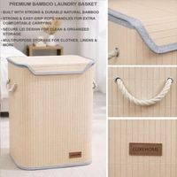 Luxe Home International Rectangle Bamboo Laundry Basket for Clothes with Lid Strap Lock | Eco-Friendly, Foldable & Lightweight Organizer (Cream, 40x30x50 cm, Pack of 1) - 40x30x50cm, Strap Cream