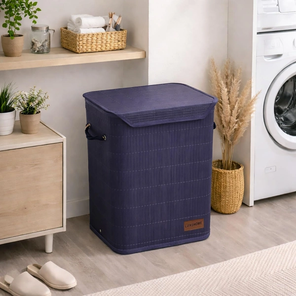 Luxe Home International Rectangle Bamboo Laundry Basket for Clothes with Lid Strap Lock | Eco-Friendly, Foldable & Lightweight Organizer (Navy, 40x30x50 cm, Pack of 1) - 40x30x50cm, Strap Navy