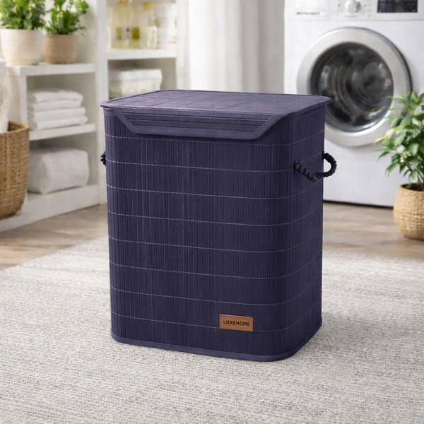 Luxe Home International Rectangle Bamboo Laundry Basket for Clothes with Lid Strap Lock | Eco-Friendly, Foldable & Lightweight Organizer (Navy, 40x30x50 cm, Pack of 1) - 40x30x50cm, Strap Navy