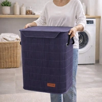 Luxe Home International Rectangle Bamboo Laundry Basket for Clothes with Lid Strap Lock | Eco-Friendly, Foldable & Lightweight Organizer (Navy, 40x30x50 cm, Pack of 1) - 40x30x50cm, Strap Navy