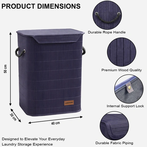 Luxe Home International Rectangle Bamboo Laundry Basket for Clothes with Lid Strap Lock | Eco-Friendly, Foldable & Lightweight Organizer (Navy, 40x30x50 cm, Pack of 1) - 40x30x50cm, Strap Navy